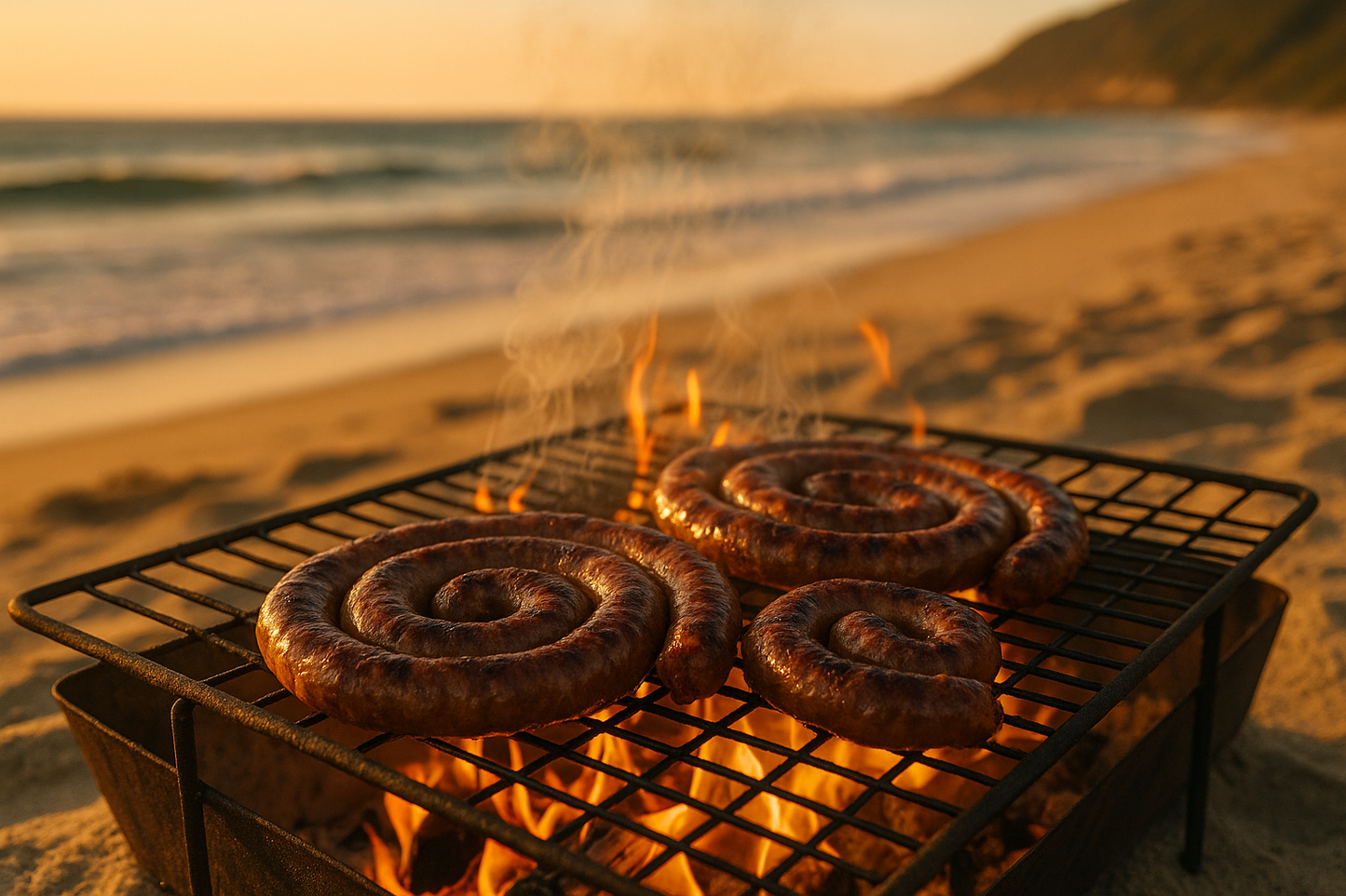 Boerewors on a grid on an open fire with the beach in the background