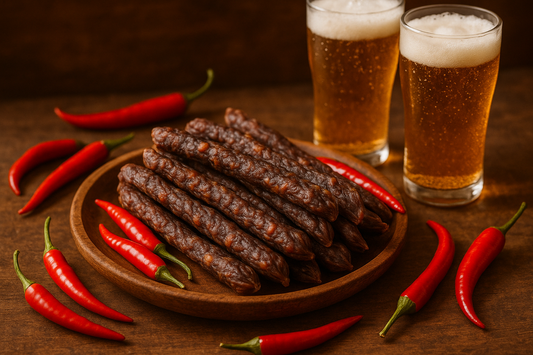 a plate of Dry wors, with red chillies scattered around, in the background is 2 glasses of ice cold beer