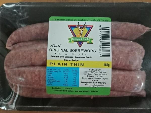 FROZEN Boerewors Thin Plain 450g
